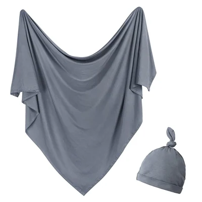 Stretch Knit Newborn Swaddle and Beanie Set by Owlowla, Dim Gray