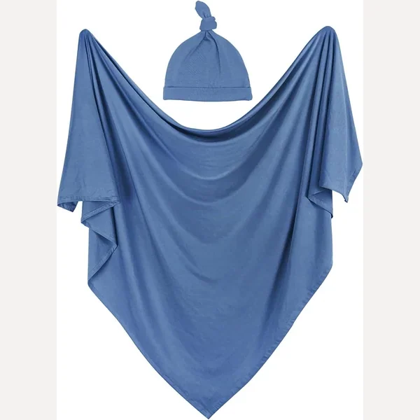 Large Swaddle Blanket and Hat Set by Owlowla, Dusty Blue