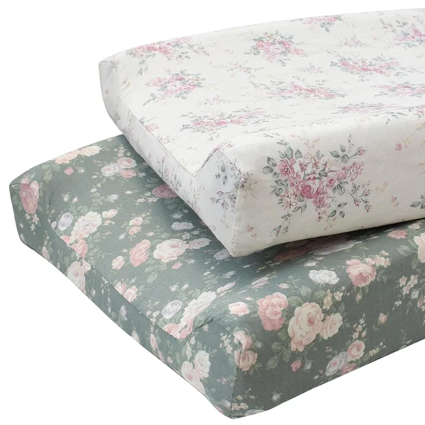Printed Muslin Changing Pad Cover by Owlowla, Cream and Olive Floral