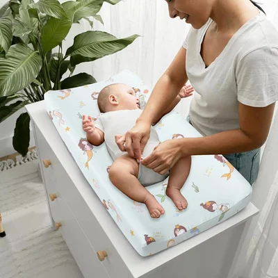 Printed Muslin Changing Pad Cover by Owlowla, Gray Floral and Mermaid