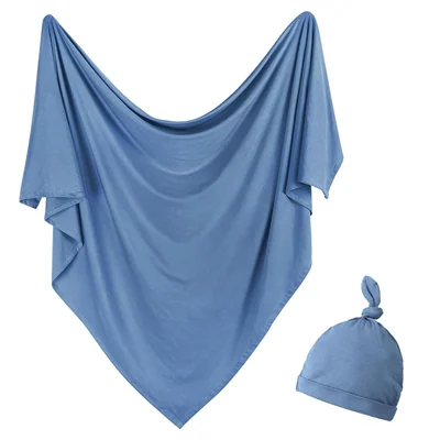 Stretch Knit Newborn Swaddle and Beanie Set by Owlowla, Steel Blue