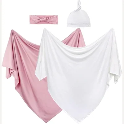 Two-Pack Newborn Swaddle and Hat Set by Owlowla, Blush and Ivory