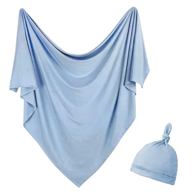 Stretch Knit Newborn Swaddle and Beanie Set by Owlowla, Baby Blue