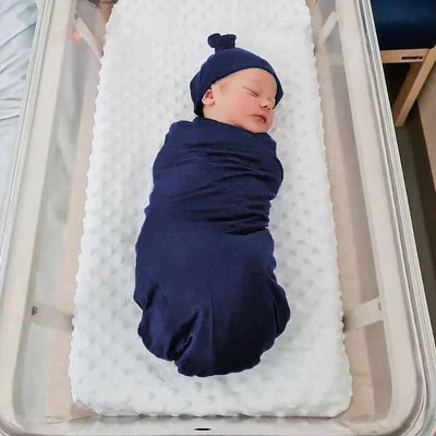 Stretch Knit Newborn Swaddle and Beanie Set by Owlowla, Navy Blue