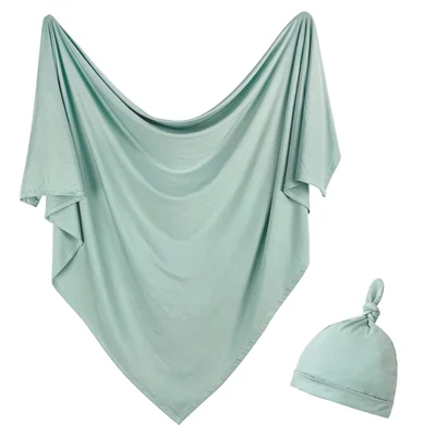 Stretch Knit Newborn Swaddle and Beanie Set by Owlowla, Sage
