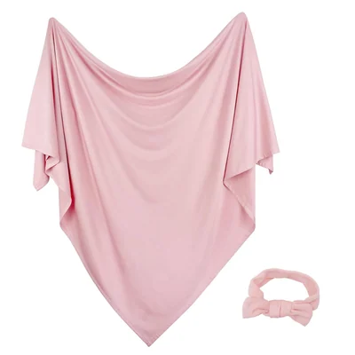Stretch Knit Newborn Swaddle and Beanie Set by Owlowla, Blush