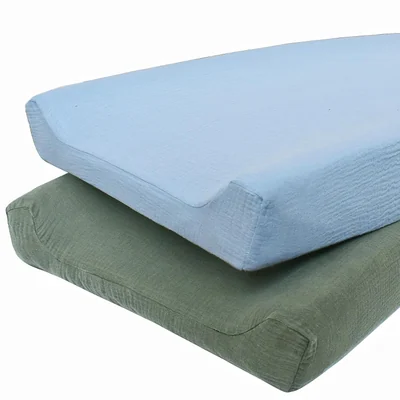 Muslin Changing Pad Covers, Two-Pack by Owlowla, Baby Blue and Olive