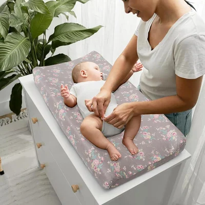 Printed Muslin Changing Pad Cover by Owlowla, Cream and Mauve Floral