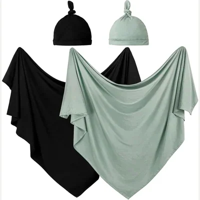 Two-Pack Newborn Swaddle and Hat Set by Owlowla, Olive and Black