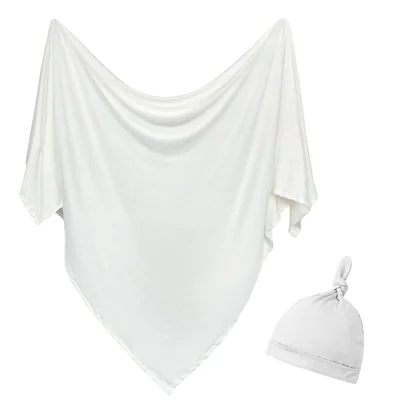 Stretch Knit Newborn Swaddle and Beanie Set by Owlowla, Ivory