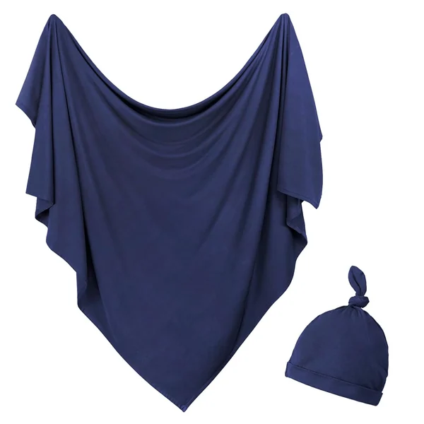Stretch Knit Newborn Swaddle and Beanie Set by Owlowla, Navy Blue