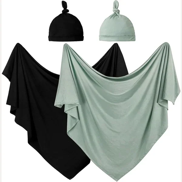Two-Pack Newborn Swaddle and Hat Set by Owlowla, Olive and Black